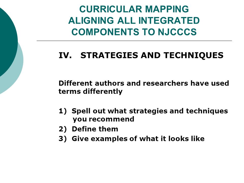 CURRICULAR MAPPING ALIGNING ALL INTEGRATED COMPONENTS TO NJCCCS IV.