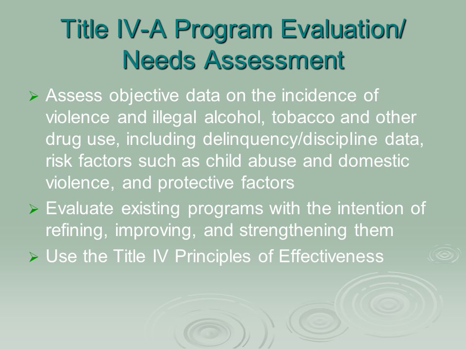 Title IV-A Program Evaluation/ Needs Assessment Assess objective data on the incidence of violence and illegal alcohol, tobacco and other drug use, including delinquency/discipline data, risk factors such as child abuse and domestic violence, and protective factors Evaluate existing programs with the intention of refining, improving, and strengthening them Use the Title IV Principles of Effectiveness