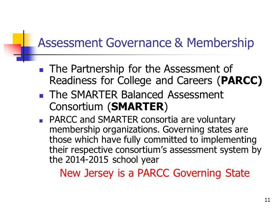 11 Assessment Governance & Membership The Partnership for the Assessment of Readiness for College and Careers (PARCC) The SMARTER Balanced Assessment Consortium (SMARTER) PARCC and SMARTER consortia are voluntary membership organizations.
