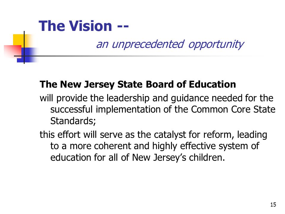 15 The Vision -- an unprecedented opportunity The New Jersey State Board of Education will provide the leadership and guidance needed for the successful implementation of the Common Core State Standards; this effort will serve as the catalyst for reform, leading to a more coherent and highly effective system of education for all of New Jerseys children.