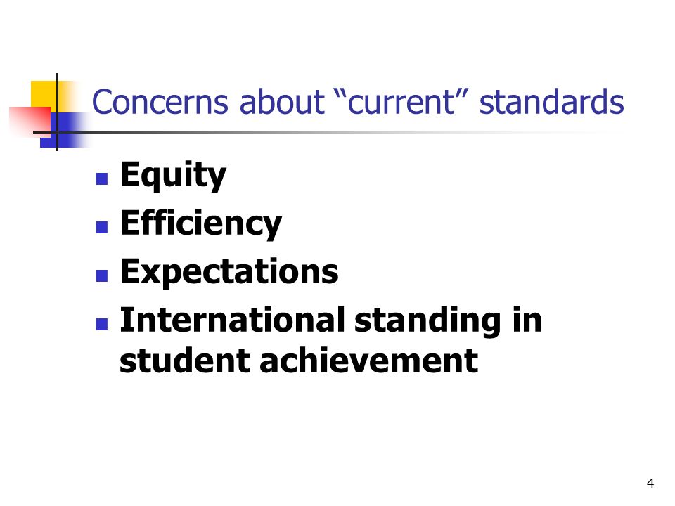 4 Concerns about current standards Equity Efficiency Expectations International standing in student achievement