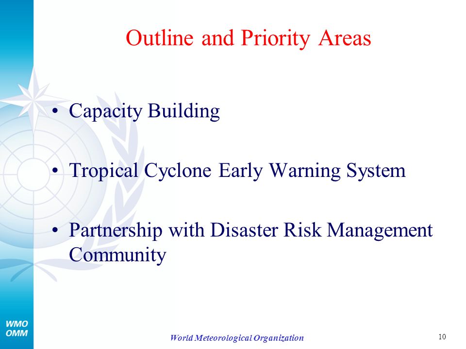 10 World Meteorological Organization Outline and Priority Areas Capacity Building Tropical Cyclone Early Warning System Partnership with Disaster Risk Management Community