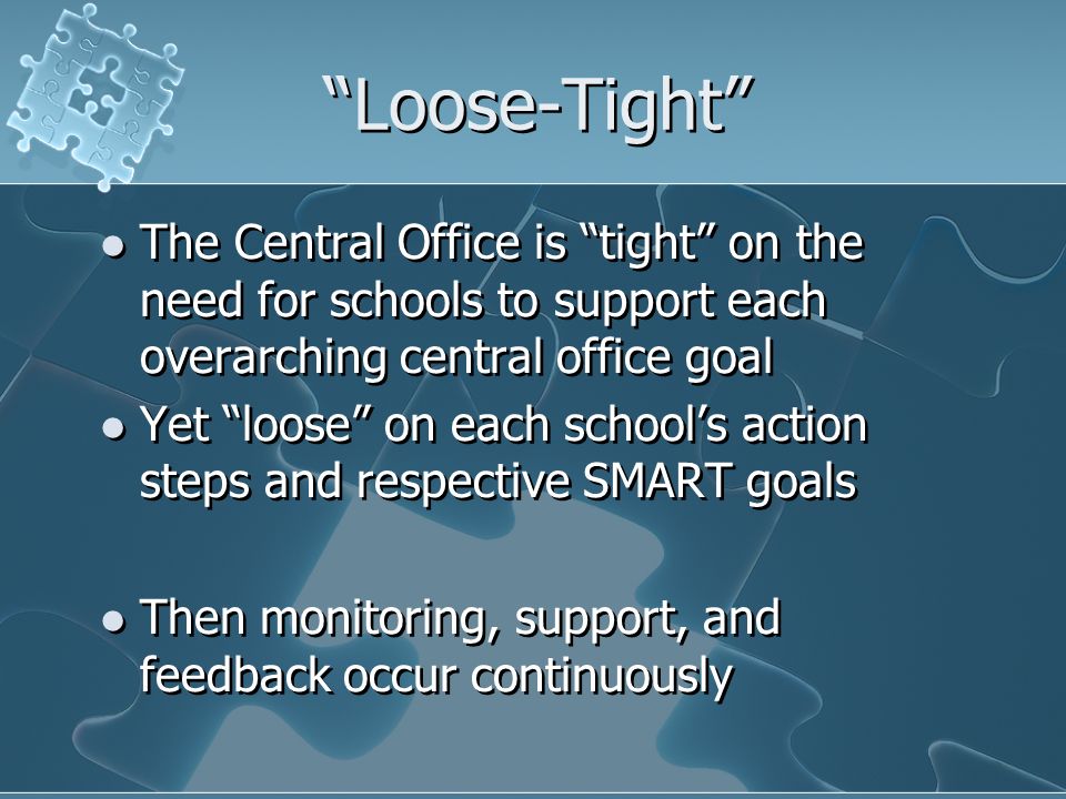 Loose-Tight The Central Office is tight on the need for schools to support each overarching central office goal Yet loose on each schools action steps and respective SMART goals Then monitoring, support, and feedback occur continuously The Central Office is tight on the need for schools to support each overarching central office goal Yet loose on each schools action steps and respective SMART goals Then monitoring, support, and feedback occur continuously