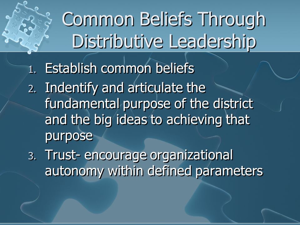 Common Beliefs Through Distributive Leadership 1. Establish common beliefs 2.