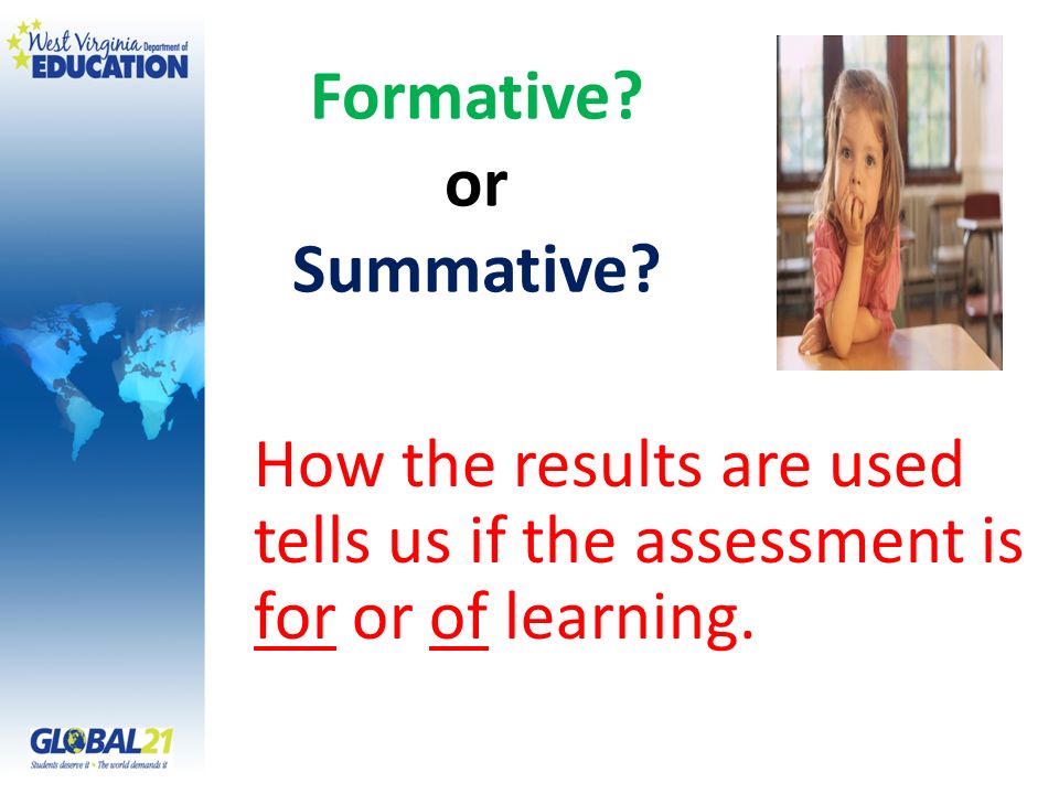 Formative or Summative How the results are used tells us if the assessment is for or of learning.