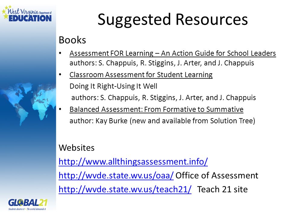 Suggested Resources Books Assessment FOR Learning – An Action Guide for School Leaders authors: S.