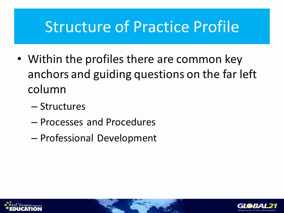Structure of Practice Profile Within the profiles there are common key anchors and guiding questions on the far left column – Structures – Processes and Procedures – Professional Development