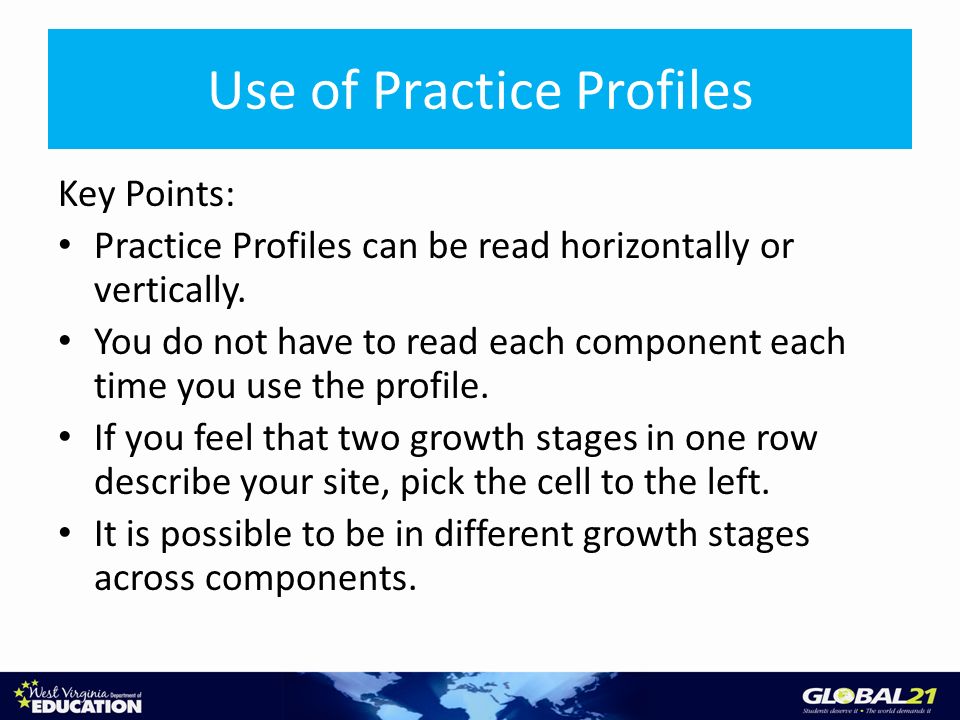 Use of Practice Profiles Key Points: Practice Profiles can be read horizontally or vertically.