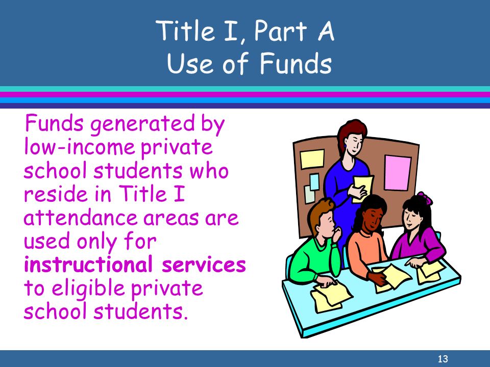 13 Title I, Part A Use of Funds Funds generated by low-income private school students who reside in Title I attendance areas are used only for instructional services to eligible private school students.
