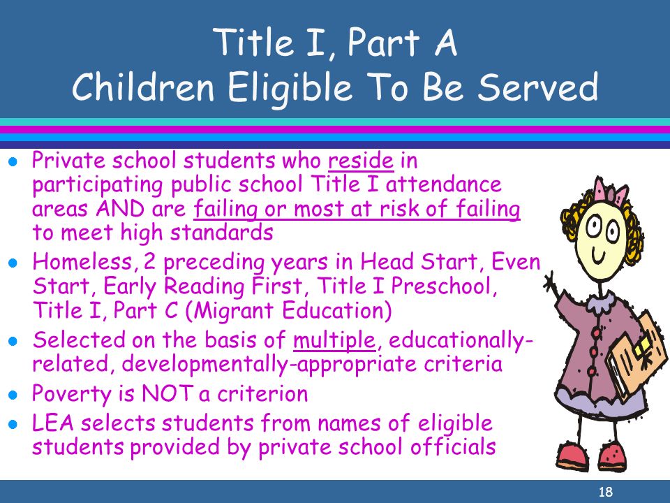 18 Title I, Part A Children Eligible To Be Served l Private school students who reside in participating public school Title I attendance areas AND are failing or most at risk of failing to meet high standards l Homeless, 2 preceding years in Head Start, Even Start, Early Reading First, Title I Preschool, Title I, Part C (Migrant Education) l Selected on the basis of multiple, educationally- related, developmentally-appropriate criteria l Poverty is NOT a criterion l LEA selects students from names of eligible students provided by private school officials