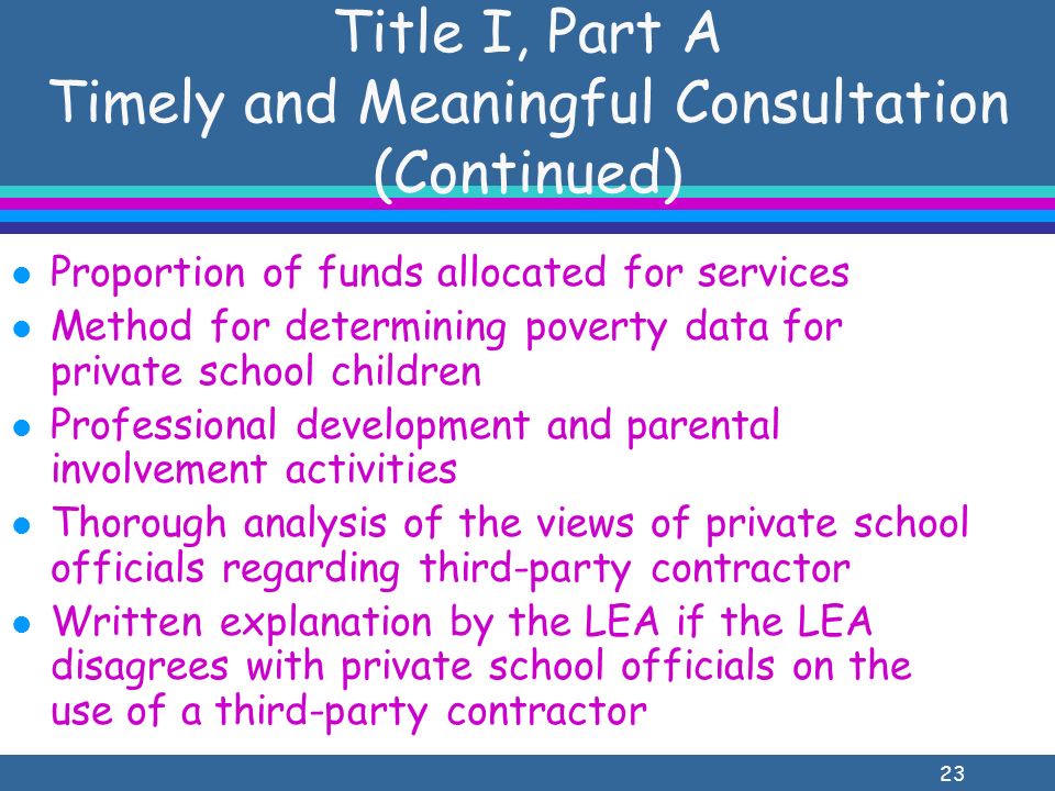 23 Title I, Part A Timely and Meaningful Consultation (Continued) l Proportion of funds allocated for services l Method for determining poverty data for private school children l Professional development and parental involvement activities l Thorough analysis of the views of private school officials regarding third-party contractor l Written explanation by the LEA if the LEA disagrees with private school officials on the use of a third-party contractor