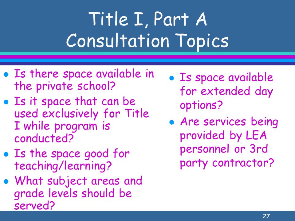 27 Title I, Part A Consultation Topics l Is there space available in the private school.