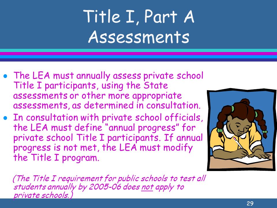 29 Title I, Part A Assessments l The LEA must annually assess private school Title I participants, using the State assessments or other more appropriate assessments, as determined in consultation.