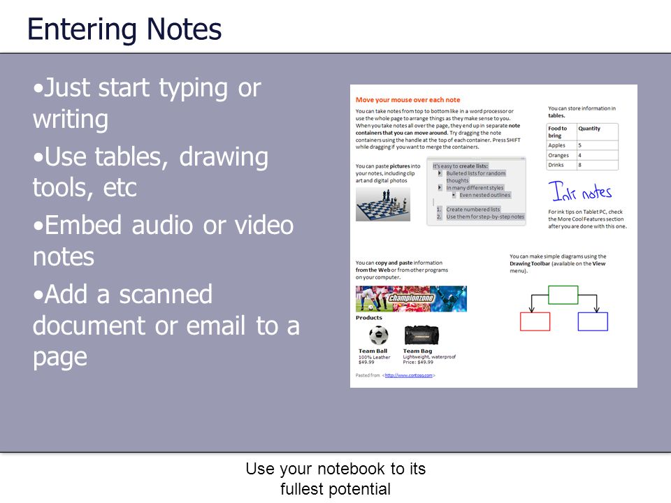 Use your notebook to its fullest potential Entering Notes Just start typing or writing Use tables, drawing tools, etc Embed audio or video notes Add a scanned document or  to a page