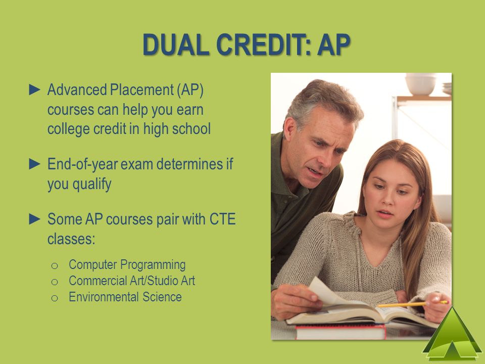 Advanced Placement (AP) courses can help you earn college credit in high school End-of-year exam determines if you qualify Some AP courses pair with CTE classes: o Computer Programming o Commercial Art/Studio Art o Environmental Science DUAL CREDIT: AP