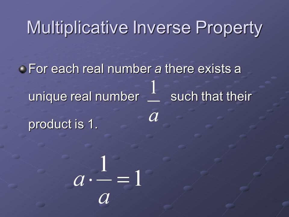 Additive Inverse Property For each real number a there exists a unique real number –a such that their sum is zero.