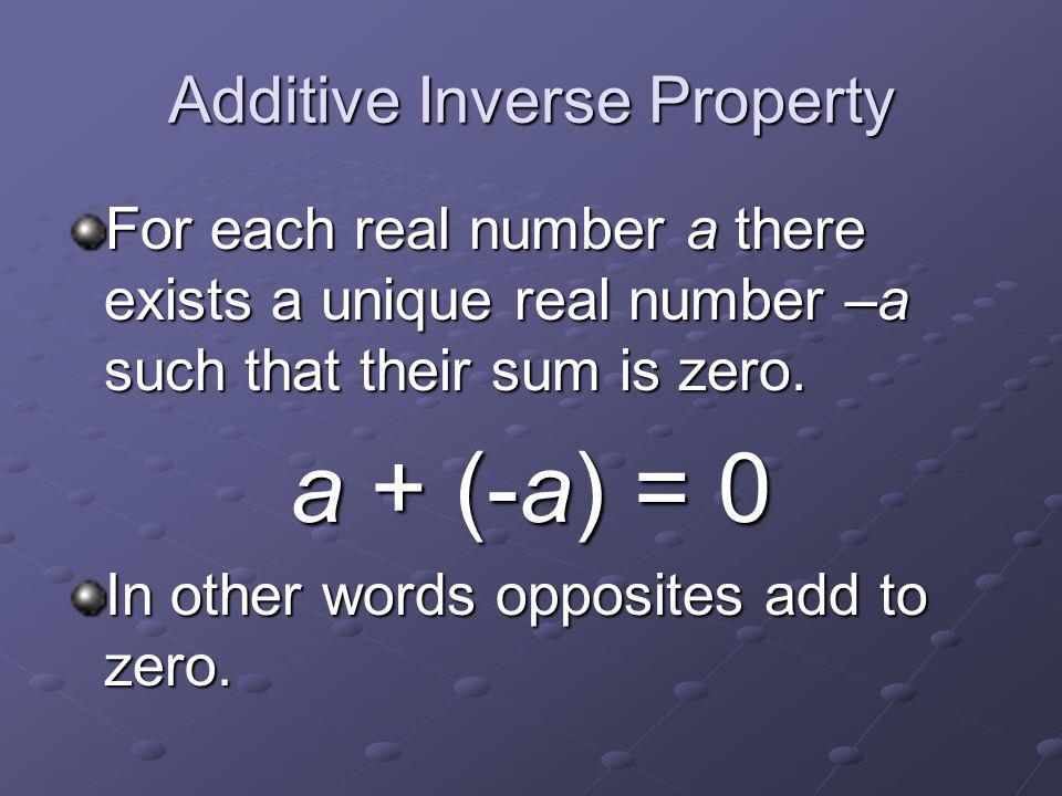 Multiplicative Identity Property There exists a unique number 1 such that the number 1 preserves identities under multiplication.