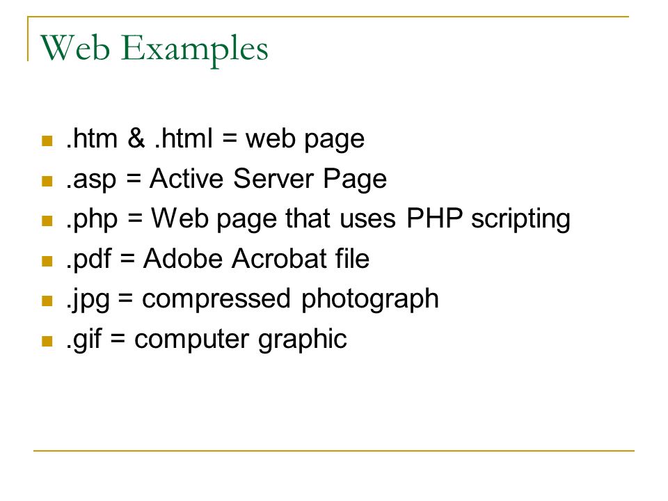 Web Examples.htm &.html = web page.asp = Active Server Page.php = Web page that uses PHP scripting.pdf = Adobe Acrobat file.jpg = compressed photograph.gif = computer graphic