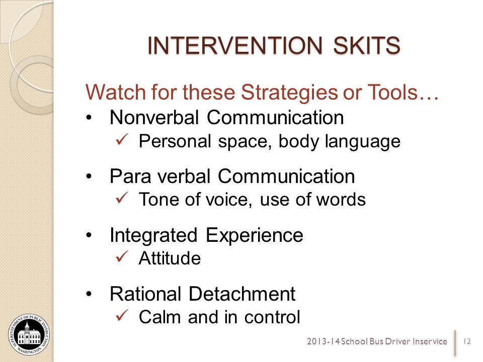 INTERVENTION SKITS Watch for these Strategies or Tools… Nonverbal Communication Personal space, body language Para verbal Communication Tone of voice, use of words Integrated Experience Attitude Rational Detachment Calm and in control School Bus Driver Inservice