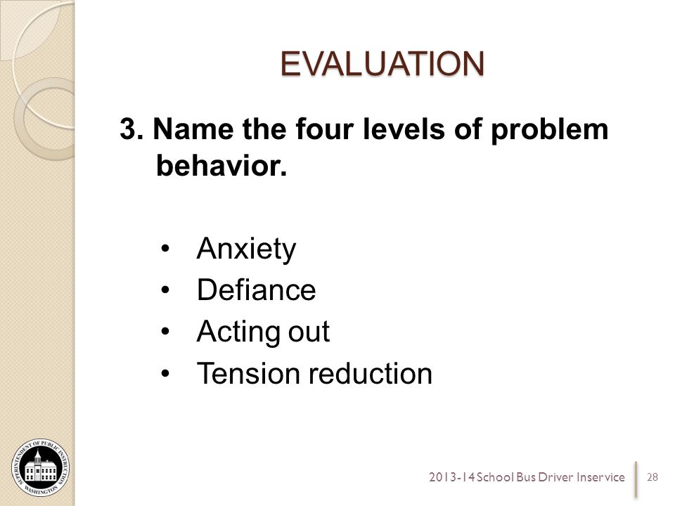 EVALUATION 3. Name the four levels of problem behavior.