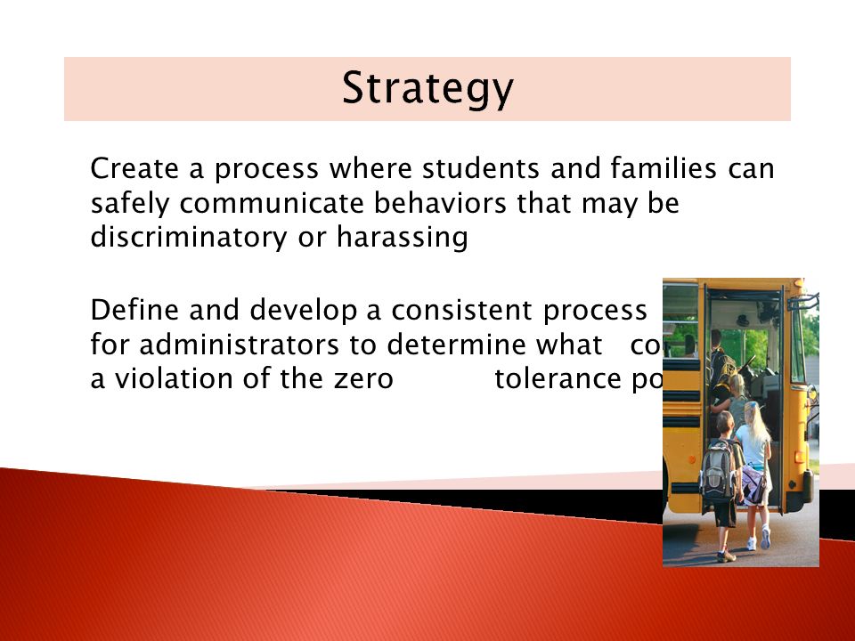 Create a process where students and families can safely communicate behaviors that may be discriminatory or harassing Define and develop a consistent process for administrators to determine what constitutes a violation of the zero tolerance policy