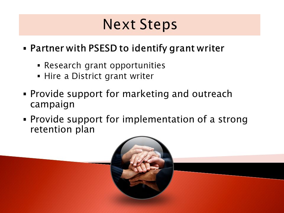 Partner with PSESD to identify grant writer Research grant opportunities Hire a District grant writer Provide support for marketing and outreach campaign Provide support for implementation of a strong retention plan