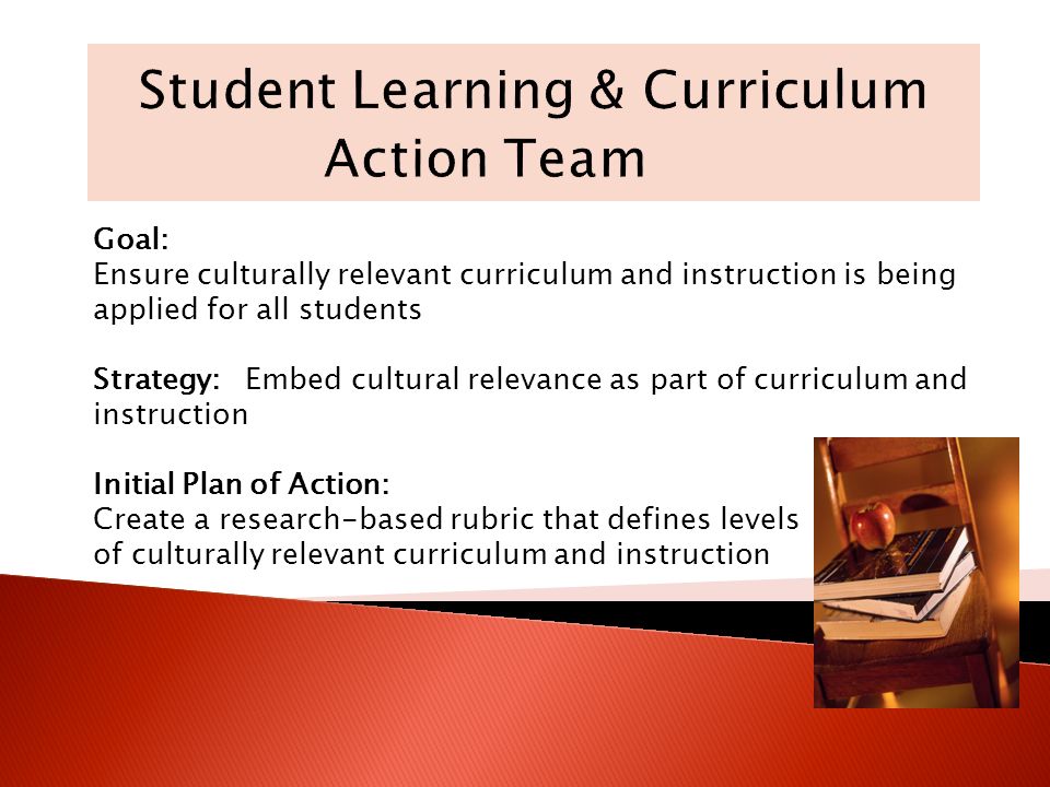 Goal: Ensure culturally relevant curriculum and instruction is being applied for all students Strategy: Embed cultural relevance as part of curriculum and instruction Initial Plan of Action: Create a research-based rubric that defines levels of culturally relevant curriculum and instruction