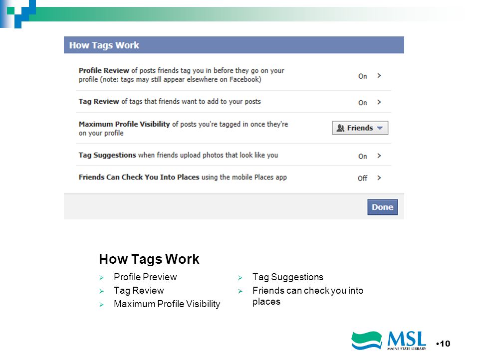 How Tags Work Profile Preview Tag Review Maximum Profile Visibility Tag Suggestions Friends can check you into places 10
