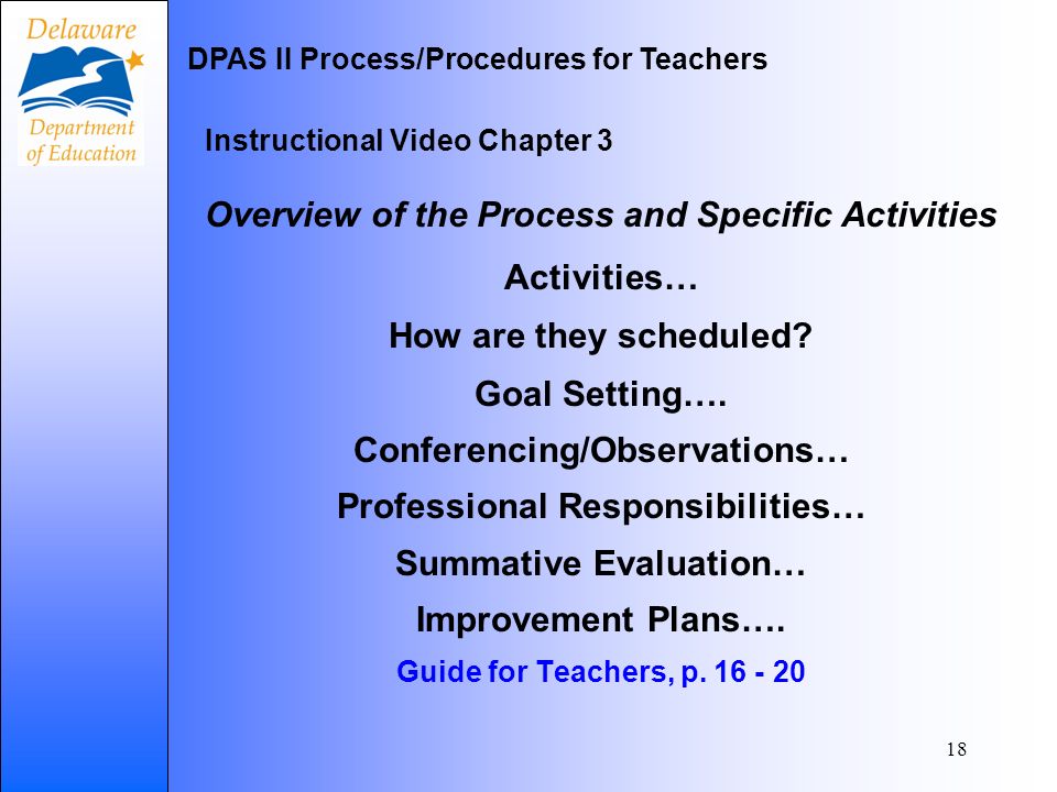 18 Instructional Video Chapter 3 Overview of the Process and Specific Activities Activities… How are they scheduled.