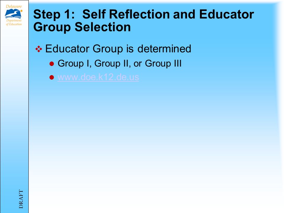 Process Step 1: Self Reflection and Educator Group Selection Step 2: Roster Identification and Measure(s) Selection Step 3: Analysis, Target/Goal Setting, Fall Conference Step 4: Observation(s), Formative Feedback, Spring Conference Step 5: Summative Evaluation DRAFT