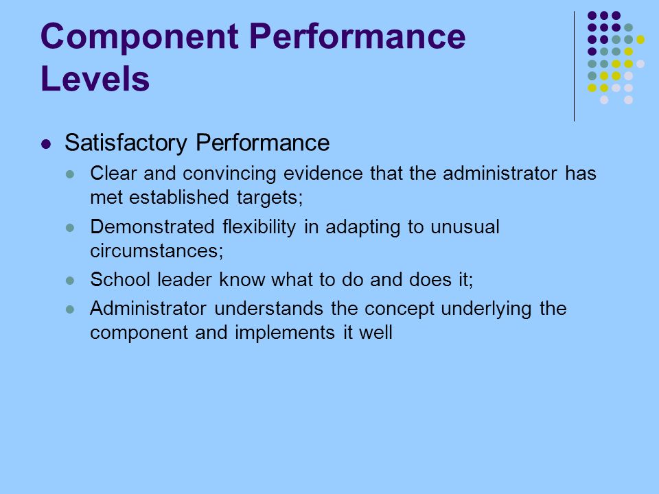Component Performance Levels Satisfactory Performance Clear and convincing evidence that the administrator has met established targets; Demonstrated flexibility in adapting to unusual circumstances; School leader know what to do and does it; Administrator understands the concept underlying the component and implements it well