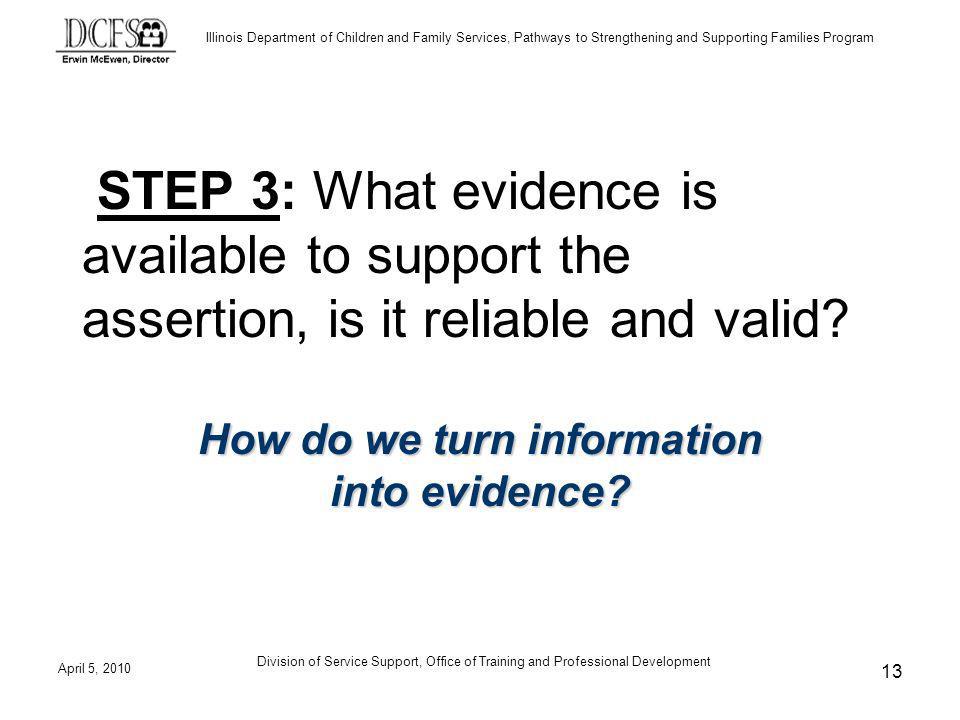 Illinois Department of Children and Family Services, Pathways to Strengthening and Supporting Families Program April 5, 2010 Division of Service Support, Office of Training and Professional Development 13 STEP 3: What evidence is available to support the assertion, is it reliable and valid.