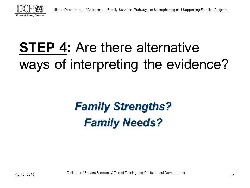 Illinois Department of Children and Family Services, Pathways to Strengthening and Supporting Families Program April 5, 2010 Division of Service Support, Office of Training and Professional Development 14 STEP 4: Are there alternative ways of interpreting the evidence.
