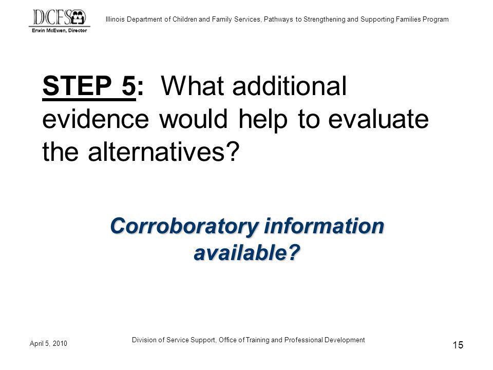 Illinois Department of Children and Family Services, Pathways to Strengthening and Supporting Families Program April 5, 2010 Division of Service Support, Office of Training and Professional Development 15 STEP 5: What additional evidence would help to evaluate the alternatives.