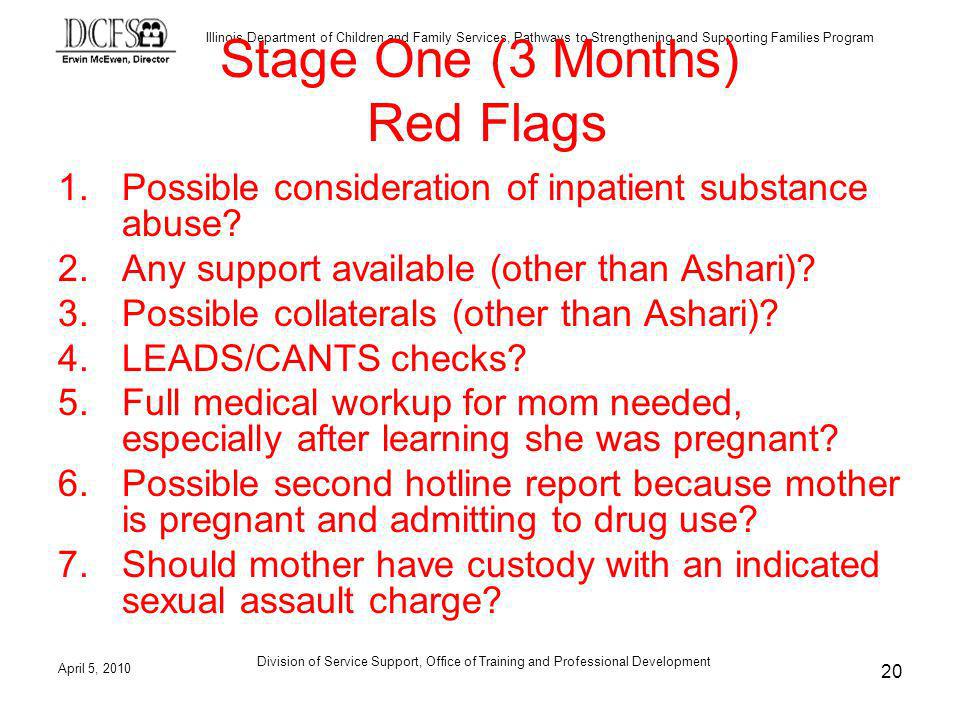 Illinois Department of Children and Family Services, Pathways to Strengthening and Supporting Families Program April 5, 2010 Division of Service Support, Office of Training and Professional Development 20 Stage One (3 Months) Red Flags 1.Possible consideration of inpatient substance abuse.