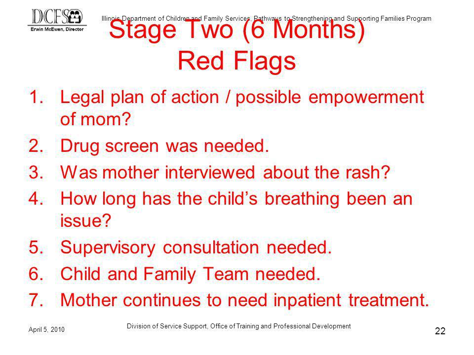 Illinois Department of Children and Family Services, Pathways to Strengthening and Supporting Families Program April 5, 2010 Division of Service Support, Office of Training and Professional Development 22 Stage Two (6 Months) Red Flags 1.Legal plan of action / possible empowerment of mom.
