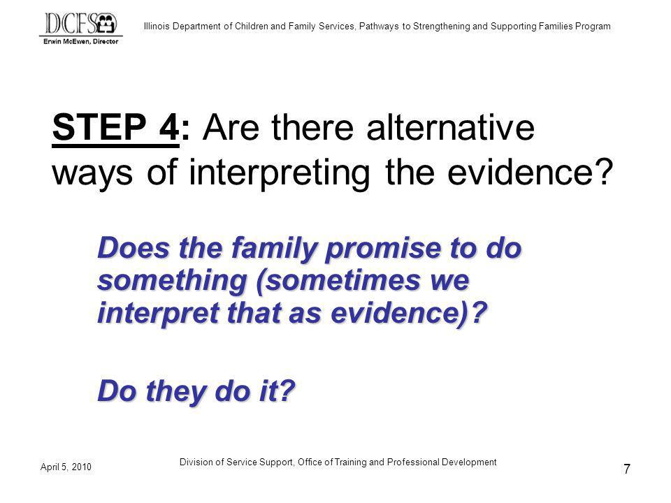 Illinois Department of Children and Family Services, Pathways to Strengthening and Supporting Families Program April 5, 2010 Division of Service Support, Office of Training and Professional Development 7 STEP 4: Are there alternative ways of interpreting the evidence.