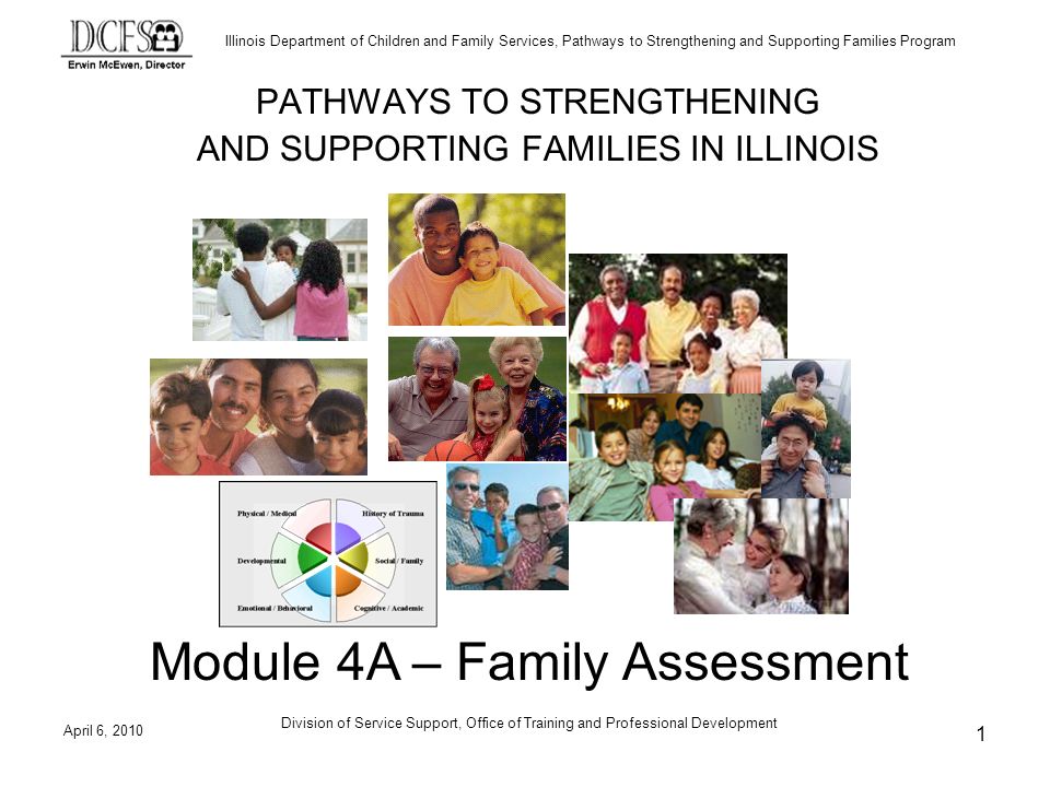 Illinois Department of Children and Family Services, Pathways to Strengthening and Supporting Families Program April 6, 2010 Division of Service Support, Office of Training and Professional Development 1 PATHWAYS TO STRENGTHENING AND SUPPORTING FAMILIES IN ILLINOIS Module 4A – Family Assessment