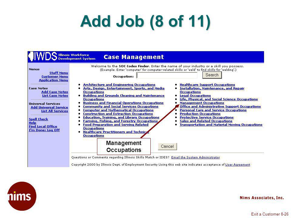 Exit a Customer 8-26 Add Job (8 of 11) Management Occupations
