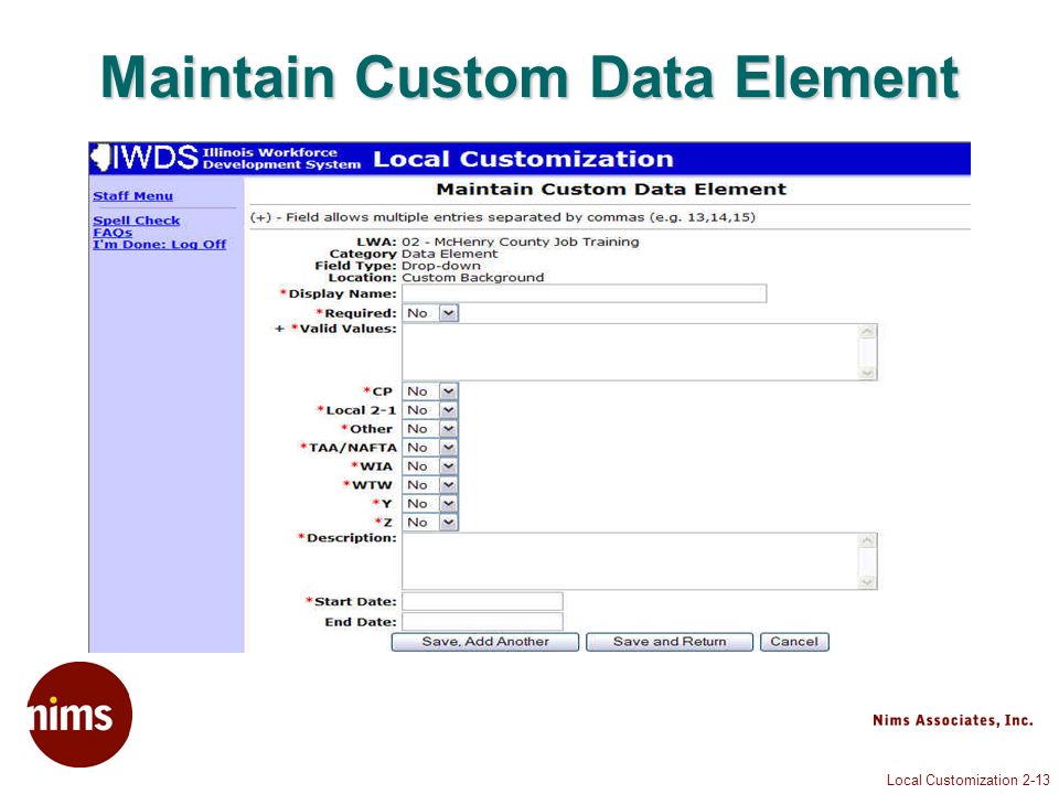 Local Customization 2-13 Maintain Custom Data Element