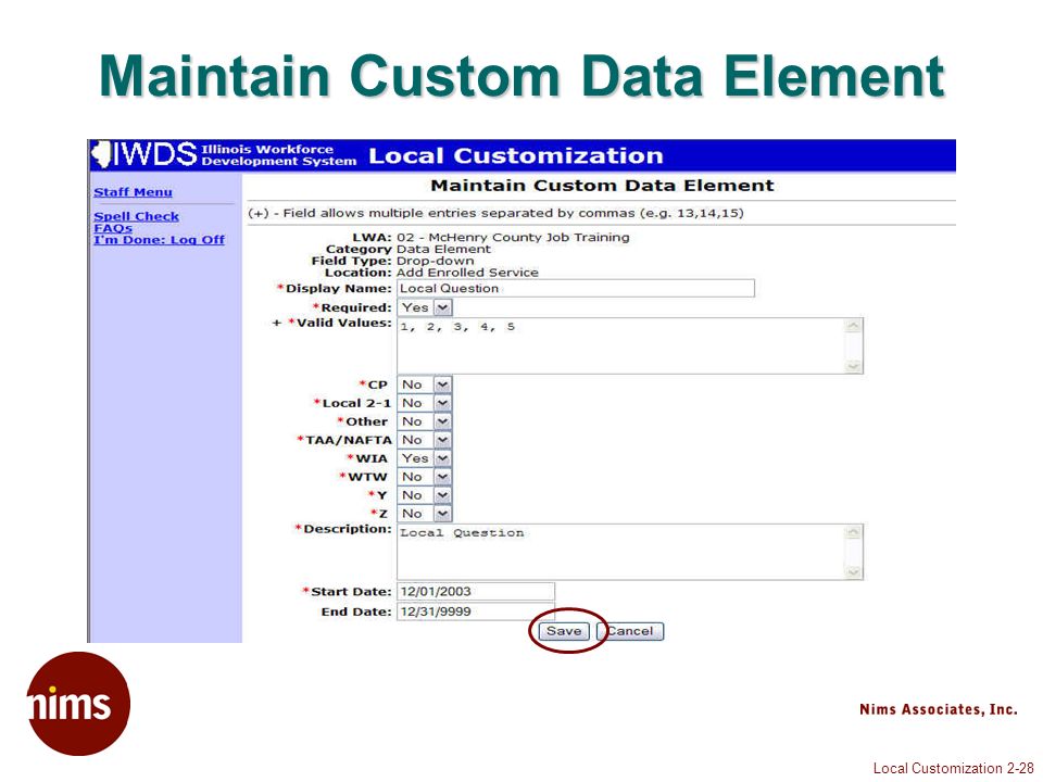 Local Customization 2-28 Maintain Custom Data Element