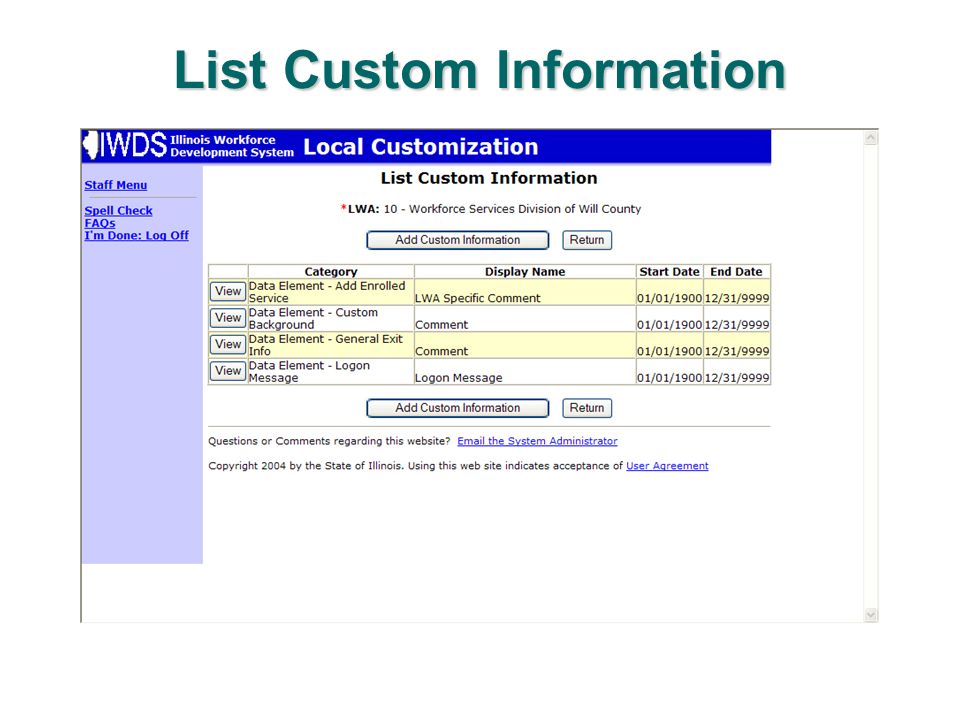 List Custom Information