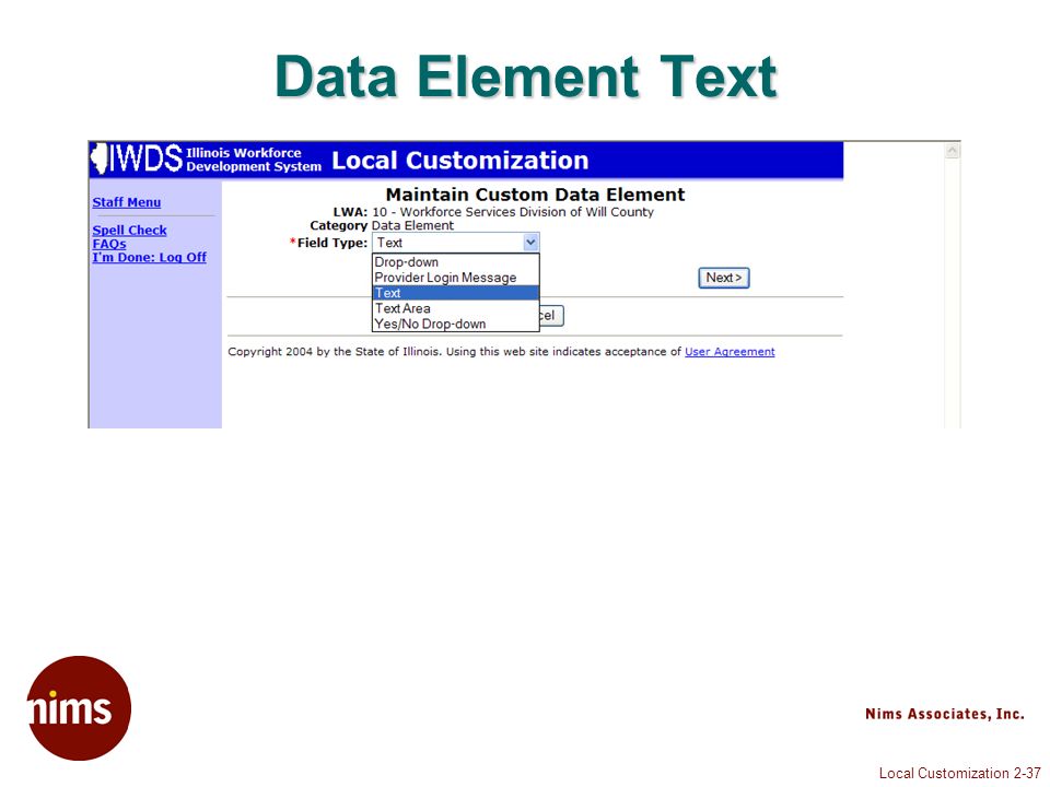 Local Customization 2-37 Data Element Text