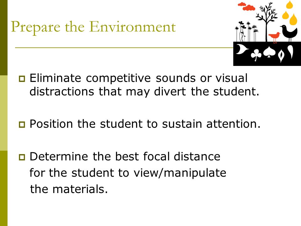 Prepare the Environment Eliminate competitive sounds or visual distractions that may divert the student.
