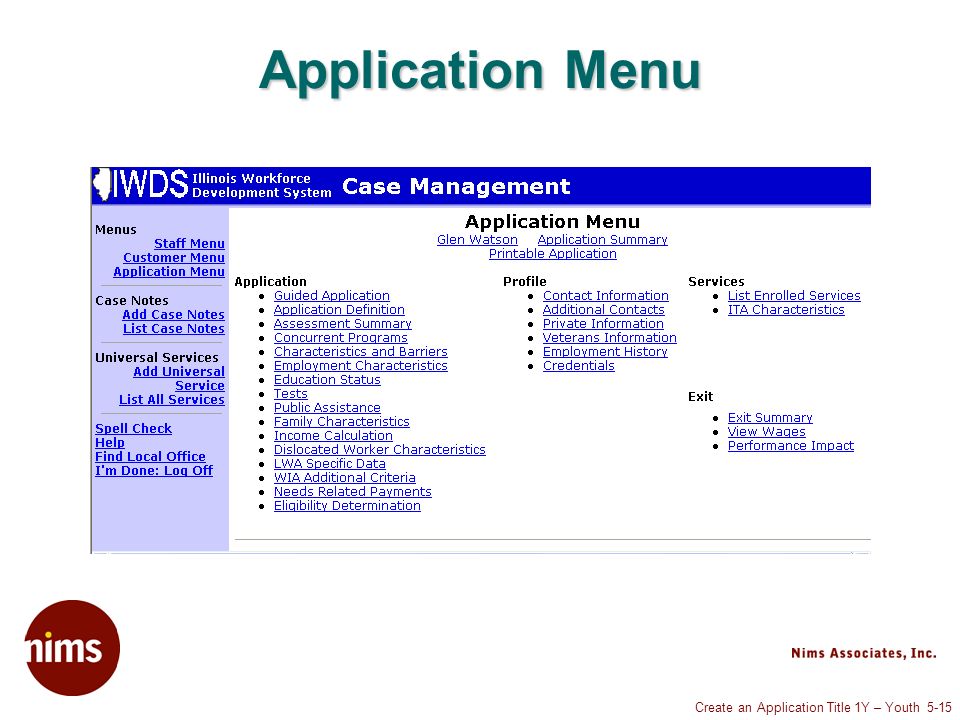 Create an Application Title 1Y – Youth 5-15 Application Menu