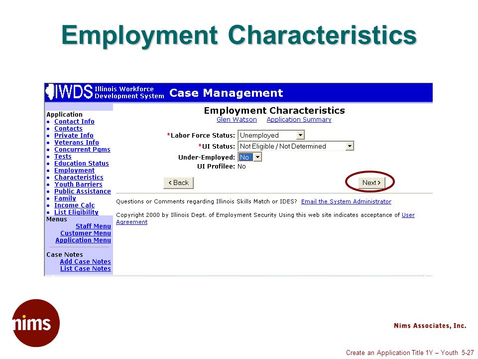 Create an Application Title 1Y – Youth 5-27 Employment Characteristics