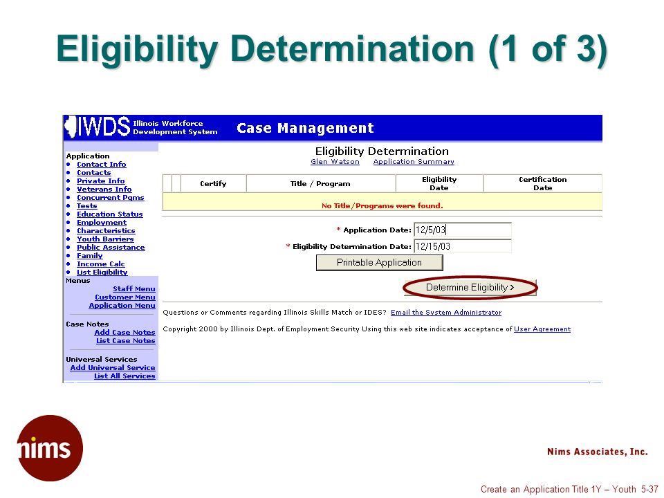 Create an Application Title 1Y – Youth 5-37 Eligibility Determination (1 of 3)