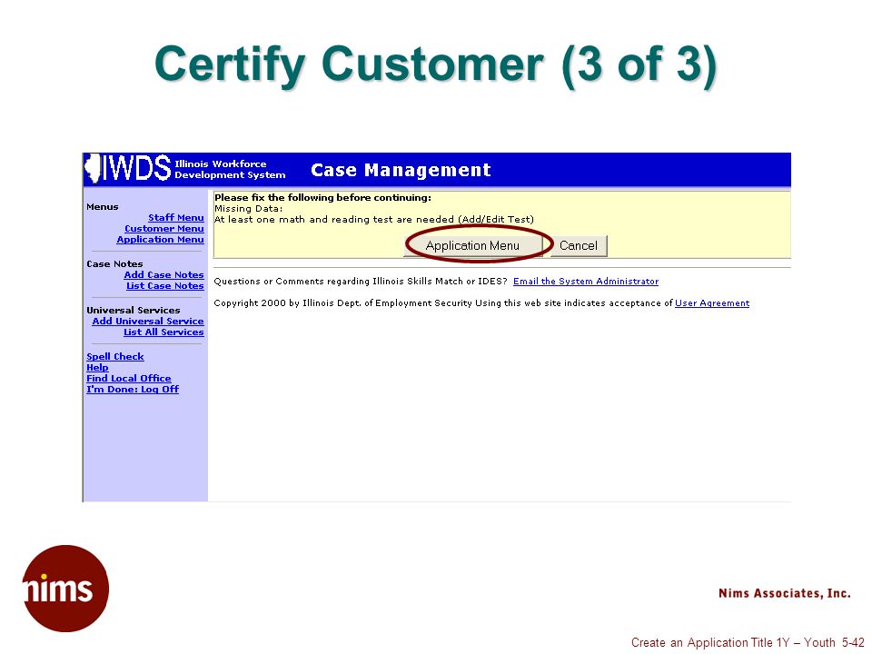 Create an Application Title 1Y – Youth 5-42 Certify Customer (3 of 3)