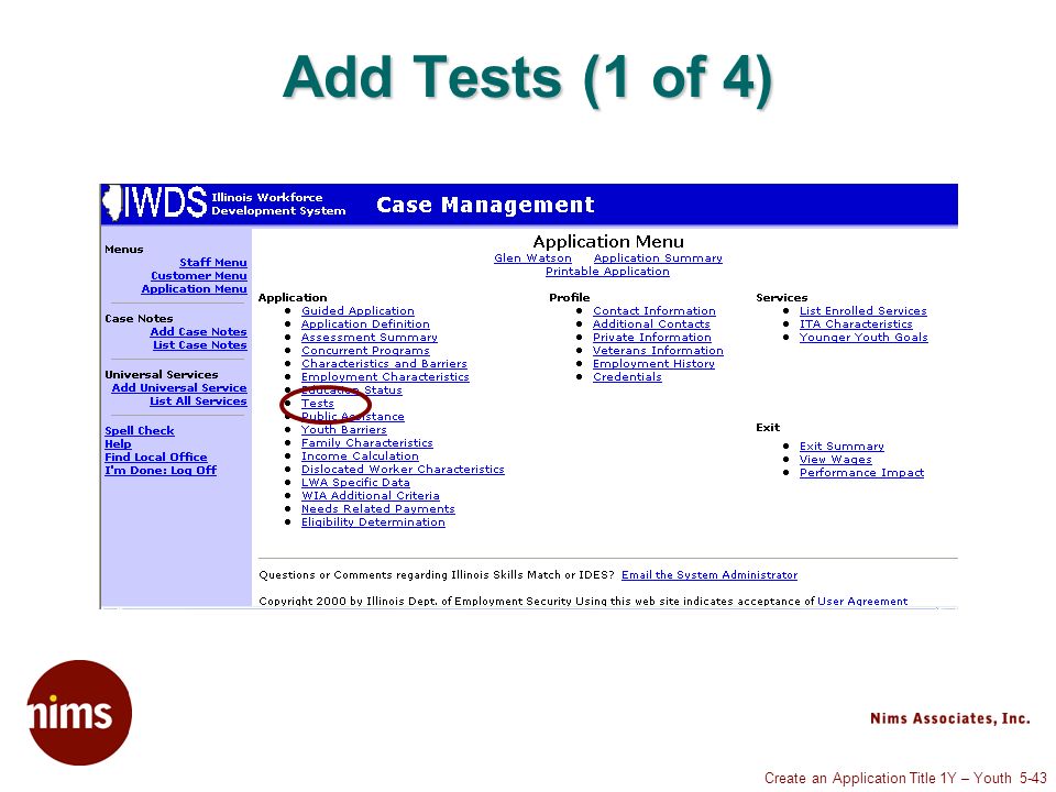 Create an Application Title 1Y – Youth 5-43 Add Tests (1 of 4)