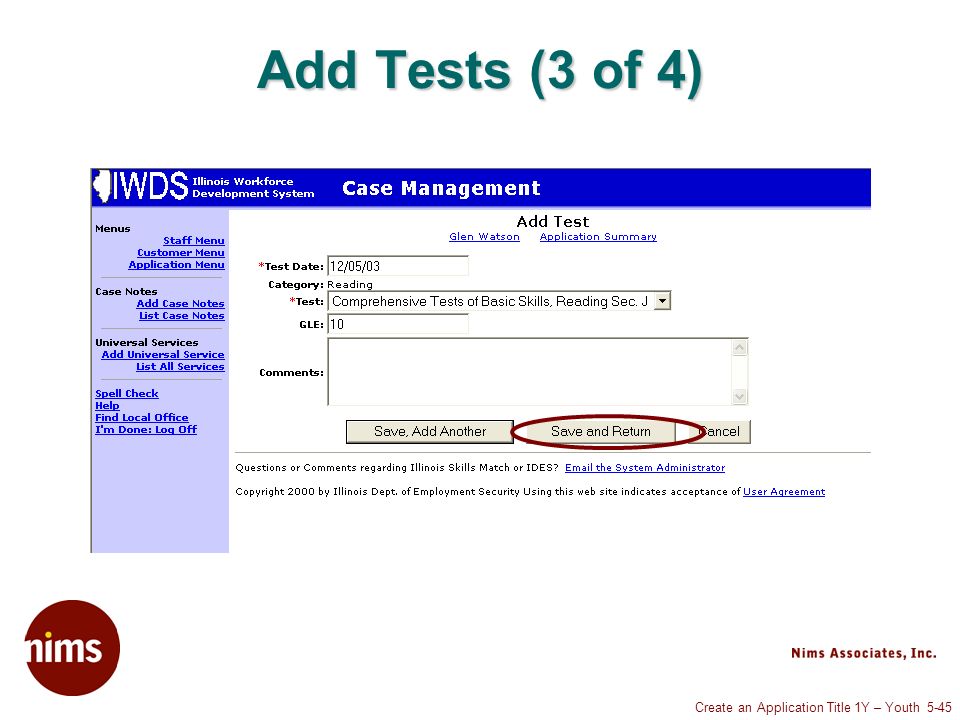 Create an Application Title 1Y – Youth 5-45 Add Tests (3 of 4)